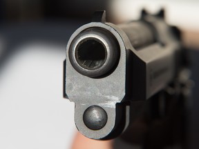 Muzzle and front sight of a 9mm pistol. (Getty Images)