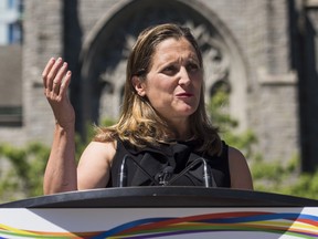 Foreign Affairs Minister Chrystia Freeland speaks at a press conference in Vancouver, B.C. on Monday, August 6, 2018. THE CANADIAN PRESS/Jimmy Jeong