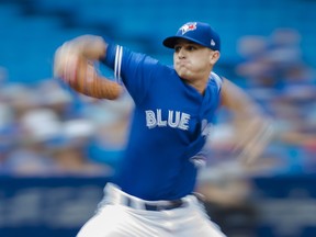 Toronto Blue Jays starting pitcher Thomas Pannone works against the Baltimore Orioles during first inning AL baseball action in Toronto on Wednesday, August 22, 2018. THE CANADIAN PRESS/Nathan Denette