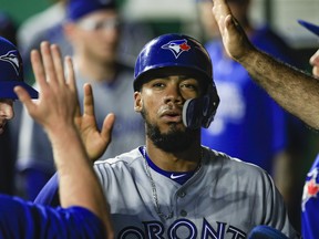 Blue Jays' Teoscar Hernandez celebrates scoring against the Kansas City Royals in the fourth inning at Kauffman Stadium on Aug. 15, 2018 in Kansas City. (GETTY IMAGES)