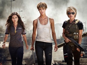 Natalia Reyes as Dani Ramos, Mackenzie Davis as Grace and Linda Hamilton as Sarah Connor in the first image from the untitled, in-production sequel to James Cameron’s original Terminator films. (Kerry Brown/Paramount Pictures)