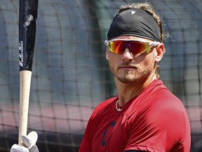 Cleveland Indians' Josh Donaldson waits to bat during batting practice before a baseball game against the Tampa Bay Rays, Sunday, Sept. 2, 2018, in Cleveland. (AP Photo/David Dermer)
