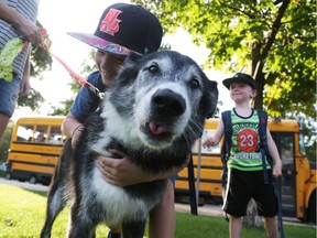 Tucker the dog gets a last hug before the start of school from Aaron Howard as his brother Marty (R) looks on at W. E Gowling Elementary, September 05, 2018.