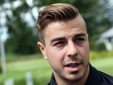 Jean-Gabriel Pageau of the Ottawa Senators talks to the media at the Royal Ottawa Golf Club.