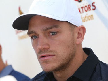 Mark Borowiecki of the Ottawa Senators talks to the media at the Royal Ottawa Golf Club.