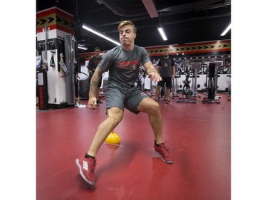 Ottawa Senators J.G. Pageau performs a fitness test at the Canadian Tire Centre on the first day of training camp. Page was subsequently injured doing the same drill. September 13, 2018.