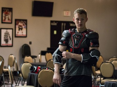 Ottawa Senators Brady Tkachuk prepares to have his official photos taken at the Canadian Tire Centre on the first day of training camp. September 13, 2018.