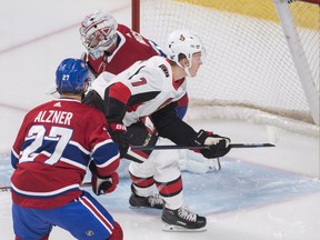 Ottawa Senators' Brady Tkachuk scores against Montreal Canadiens goaltender Carey Price during Saturday's pre-season game. (THE CANADIAN PRESS)