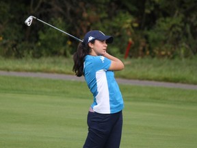 Italian golfer Alessia Nobilio follows through on a shot during the second round of the 2018 world junior girls golf championship at Camelot Golf and Country Club on Wednesday. Golf Canada/Golf Ontario photo