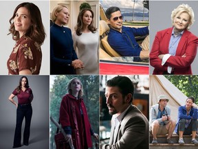 Clockwise from top left: Mandy Moore in This Is Us; Robin Wright and Diane Lane in House of Cards; Jay Hernandez in Magnum P.I.; Candice Bergen in Murphy Brown; David Tennant and Jennifer Garner in Camping; Diego Luna in Narcos: Mexico; Kiernan Shipka in the Chilling Adventures of Sabrina and Jennifer Love Hewitt in 9-1-1.