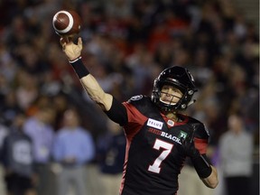 Ottawa Redblacks quarterback Trevor Harris (7) throws a pass during first half CFL action against the Montreal Alouettes in Ottawa on Friday, Aug. 31, 2018.