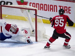 Senators centre Matt Duchene scores a goal against Canadiens netminder Carey Price during the second period of Saturday's pres-season game at Canadian Tire Centre.