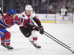 The Ottawa Senators' Alex Formenton blows around the Montreal Canadiens' Josh Brook during the recent rookie tournament. Formenton continues to earn rave reviews about his speed.