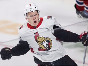 Ottawa Senators' Brady Tkachuk celebrates after scoring against the Montreal Canadiens during first period NHL pre-season hockey action in Montreal, Saturday, Septermber 22, 2018.