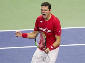 Canada's Milos Raonic celebrates his victory over Netherlands' Scott Griekspoor in Davis Cup tie action in Toronto on Sunday, Sept. 16, 2018.