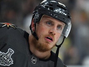 Golden Knights' Nate Schmidt skates in warm-ups prior to a game against the Capitals in Game Two of the Stanley Cup Final at T-Mobile Arena in Las Vegas on May 30, 2018.