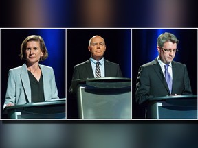 This composite image of three photographs shows New Brunswick NDP Leader Jennifer McKenzie, left to right, Green Party Leader David Coon and People's Alliance Leader Kris Austin participating in the CBC Leaders' provincial election debate, in Riverview, N.B., Wednesday, Sept. 12, 2018.