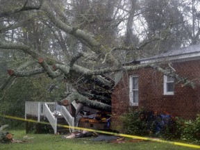 A fallen tree is shown after it crashed through the home where a woman and her baby were killed in Wilmington, N.C., after Hurricane Florence made landfall Friday, Sept. 14, 2018.
