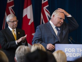 Premier Doug Ford speaks to members of his caucus in Toronto on Monday, Sept. 24, 2018. THE CANADIAN PRESS/Christopher Katsarov
