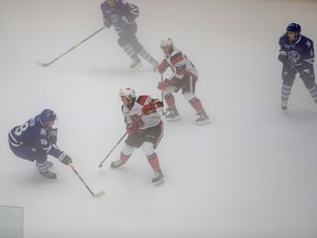 The 67’s and Mississauga Steelheads play through fog last night at TD Place. The game was briefly delayed. (VALERIE WUTTI PHOTO)