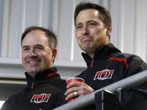 Ottawa Senators General Manager Pierre Dorion and Sens coach Guy Boucher during Senators training camp at the Canadian Tire Centre in Ottawa Friday Sept 14, 2018.
