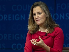 Foreign Affairs Minister Chrystia Freeland participates in a discussion at the Council on Foreign Relations in New York, Tuesday, Sept. 25, 2018. Freeland's marquee speech to the United Nations General Assembly has been postponed until Monday.