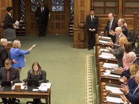 Ontario NDP Leader Andrea Horwath is ejected from the Queen's Park Legislative Chamber as the PC Provincial Government introduce "The Efficient Local Government Act" at the Ontario Legislature in Toronto on Wednesday September 12, 2018.