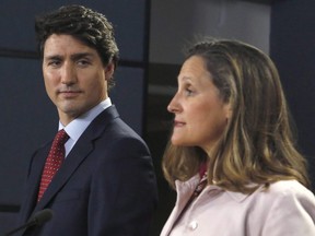 Prime Minister Justin Trudeau and Foreign Affairs Minister Chrystia Freeland speak at a press conference in Ottawa on May 31, 2018.