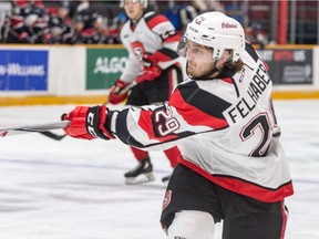 Tye Felhaber, seen here in a file photo, scored twice for the 67's on Sunday, including the winner just nine seconds into overtime. Valerie Wutti photo.