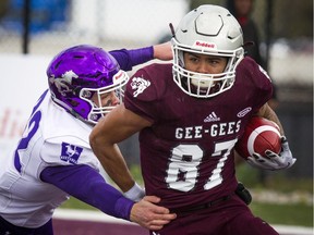 The Western Mustangs were in Ottawa to play the uOttawa Gee-Gees Saturday October 13, 2018 at the Gee-Gees Field. Gee-Gees #87 Kalem Beaver runs the ball Saturday.