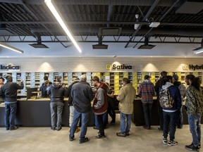 Inside the Société québécoise du cannabis (SQDC) in Mirabel, Que. on Oct. 17, when legal sales were permitted. Hundreds of customers lined up outside throughout the morning and afternoon.