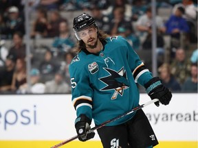 Erik Karlsson #65 of the San Jose Sharks skates on the ice during their game against the Anaheim Ducks at SAP Center on October 3, 2018 in San Jose, California.