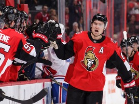 Mark Stone of the Ottawa Senators celebrates his first-period goal against the Montreal Canadiens.