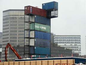 A seven-storey (30 metres) observation tower made from recycled shipping containers sprouted up at the Zibi building site recently. Zibi hopes to make the structure its sales office, offering an observatory at the top for potential condo buyers to see the entire building site.