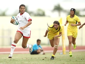 Canada's Olivia De Couvreur makes a break during the girl's rugby 7's gold-medal final match against Austria at the 2017 Youth Commonwealth Games. (GETTY IMAGES)
