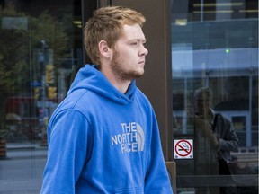 John Wells, 19 (blue hoodie), appeared in court Tuesday afternoon to face charges of dangerous operation of a vehicle causing death, impaired driving causing death, impaired driving, taking motor vehicle without consent, and criminal negligence causing death. October 10, 2018. Errol McGihon/Postmedia
