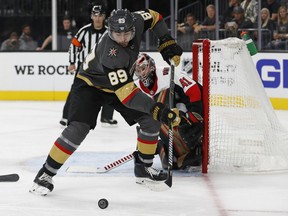 Vegas Golden Knights right wing Alex Tuch  passes by Ottawa Senators goaltender Craig Anderson during the second period on Sunday night in Las Vegas. (John Locher/The Associated Press)