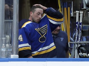 St. Louis Blues goaltender Jake Allen pauses after returning to the bench after being pulled during a loss to Columbus on Thursday, Oct. 25, 2018. Fingers are being pointed at coach Mike Yeo, but Allen went into Saturday’s game against the Hawks with a 2-2-3 record, a 3.93 goals-against average and a lousy .876 save percentage.