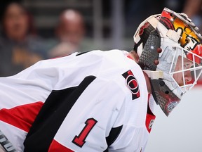 Senators goaltender Mike Condon looks down the ice during the first period against the Arizona Coyotes on Tuesday night.