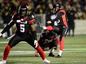 Redblacks kicker Lewis Ward (10) makes one of his two field goals in Friday's home game against the Tiger-Cats.