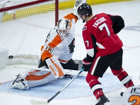 Ottawa Senators left wing Brady Tkachuk scores on Philadelphia Flyers goaltender Calvin Pickard during first period NHL action Wednesday October 10, 2018 in Ottawa.