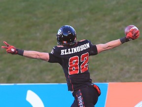 Greg Ellingson of the Ottawa Redblacks celebrates his winning touchdown against the Hamilton Tiger-Cats in the East Conference finals at TD Place in Ottawa, November 22, 2015. (