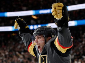 Vegas Golden Knights' David Perron celebrates his goal during the second period of Game 5 of the Stanley Cup final against the Washington Capitals on Thursday, June 7, 2018, in Las Vegas. (AP/PHOTO)