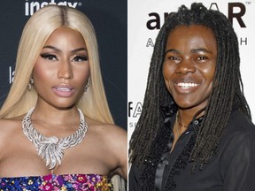 This combination photo shows Nicki Minaj at the Harper's BAZAAR 'Icons by Carine Roitfeld' party in New York on Sept. 8, 2017, left, and Tracy Chapman at a benefit event on behalf of amfAR (American Foundation for AIDS Research) in New York on Jan. 31, 2007. (AP Photo)