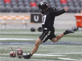 Redblacks kicker Lewis Ward will try to extend his streak of 45 consecutive field goals in Saturday's game against the Ticats in Hamilton.  Tony Caldwell/Postmedia