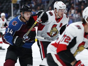 The Ottawa Senators' Matt Duchene fights for position against the Colorado Avalanche's Carl Soderberg in his return to the Pepsi Center on Friday, Oct. 26, 2018, in Denver.