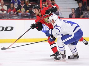 Mark Stone, seen here in a Senators' preseason game against the Maple Leafs, says this week's retreat is a good chance to get to know new teammates about whom he doesn't know a lot yet. Wayne Cuddington/ Postmedia