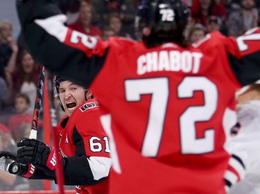 Mark Stone celebrates after an Ottawa goal against Chicago.