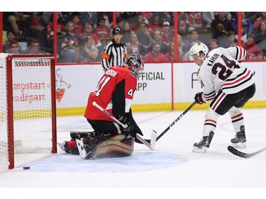 Dominik Kahun tries to put one past goalie Craig Anderson but fails to do so in the second period.