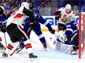 Andrei Vasilevskiy of the Tampa Bay Lightning stops a shot from Ryan Dzingel of the Ottawa Senators during a game at Amalie Arena on Saturday, Nov. 10, 2018 in Tampa, Florida.